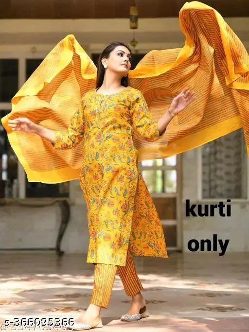 Yellow rayon three-quarter sleeve kutra, printed combo, Indian fashion