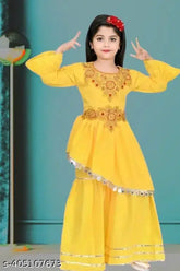 Embellished Georgette Kids Sharara Set, comfortable cotton blend for parties (6-10 years), India