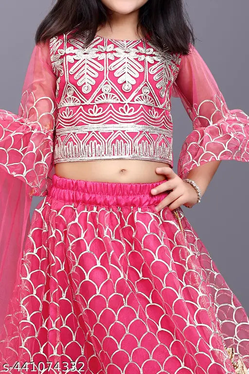 Deep Pink Embroidered Lehenga Choli Party Wear Set, girls' Super Net lehenga, choli, and dupatta with three-quarter sleeves, Cottan top, Dhoti pants. India-made traditional Indian party wear for 12 months to 8 years