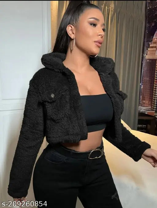 Trendy solid wool crop jacket for women and girls, long-sleeved Korean design, S (36in bust, 17in length), made in India