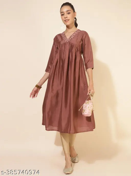 Brown crepe silk empire kurta, embellished for women, solid pattern, three-quarter sleeves, Indian craftsmanship