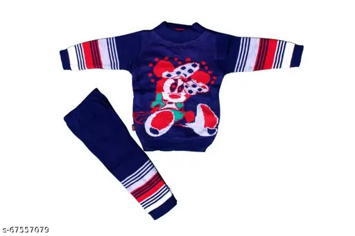 Dark blue woolen suit set: Infant winter wear with 1 woolen pajama & t-shirt, printed design, machine washable