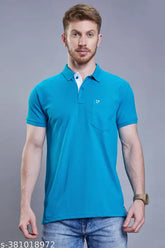 Blue cotton blend polo neck short sleeves men's graphic t-shirt by 3BROS, featuring stylish and trendy print design for comfortable wear