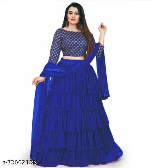Royal Blue Satin Lehenga Set by JAY CHAMUNDA FASHION, embellished with ruffle stitch and net dupatta, perfect for festive events