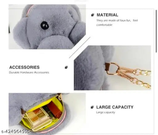 Faux leather/leatherette bear design soft fur sling bag, spacious pocket for essentials