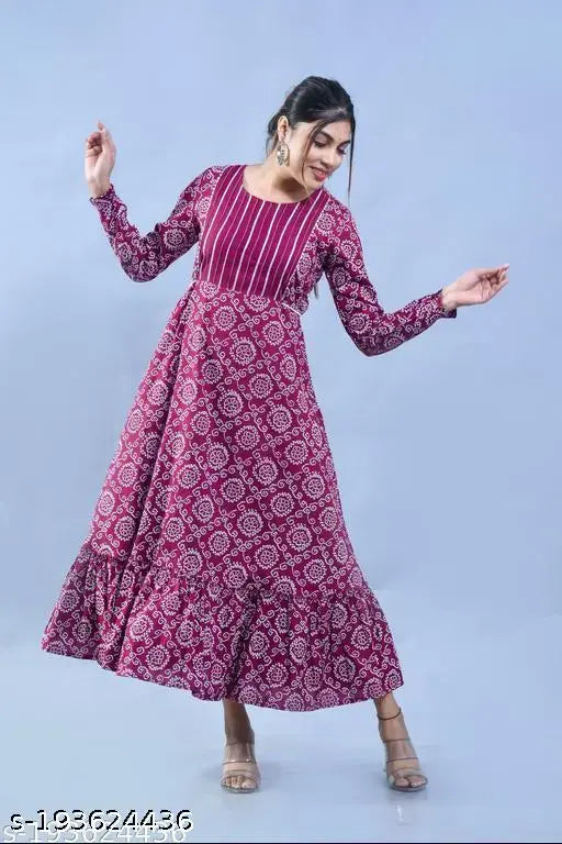 Wine bandhani print rayon tier kurti, trending fashion for women with three-quarter sleeves