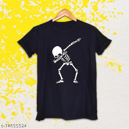Glow-in-the-dark cotton round neck T-shirt with printed dancing cartoon design, India origin