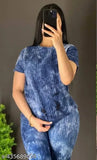 Printed cotton blend nightwear set for women's sleepwear full set, featuring short-sleeve shirt and pyjama pants with a net pattern. Available in L (38in bust, 27in top length, 30in waist, 39in length), XL (40in bust, 27in top length, 32in waist, 39in length), and Free Size (41in bust, 27in top length, 33in waist, 39in length). Origin: India