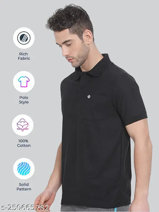 Black Cotton Solid Polo T-shirt, LUX Men's premium design with logo, Indian-made men's lounge wear/casual tee
