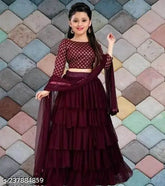 Embroidered satin lehenga choli for girls in net dupatta, semi-stitched, long sleeves. Exclusive design from India." (104 characters)