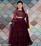 Embroidered satin lehenga choli for girls in net dupatta, semi-stitched, long sleeves. Exclusive design from India." (104 characters)