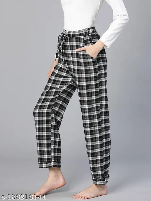 Black cotton nightwear pajama, relaxed fit with adjustable tie-knot, check print design, women's maxi length
