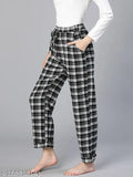 Black cotton nightwear pajama, relaxed fit with adjustable tie-knot, check print design, women's maxi length