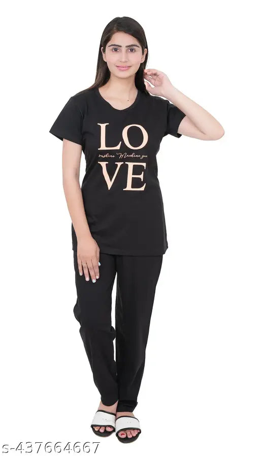 Cotton blend round neck co ord set nightsuit, printed pattern casual wear for women (India)