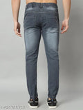 Grey denim stretchable men's joggers with regular fit and monkey wash, trendy and comfortable athletic wear for men