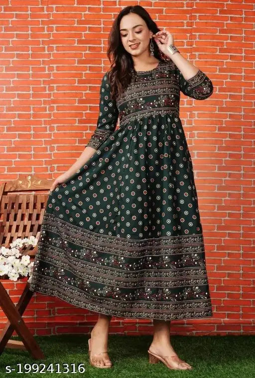 DARK GREEN printed rayon anarkali kurta by GOMTI CREATIONS for everyday casual looks and occasions, suitable for office or parties. High-quality, comfortable fabric for all-day wear." (124 characters)