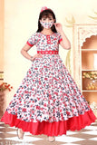 Red cotton blend girls maxi full-length festive wedding dress with short sleeves, featuring intricate detailing and a printed net pattern. Ideal for special occasions, this comfortable and stylish dress is perfect for weddings or celebrations, suitable for 3-14 years old. Made in India