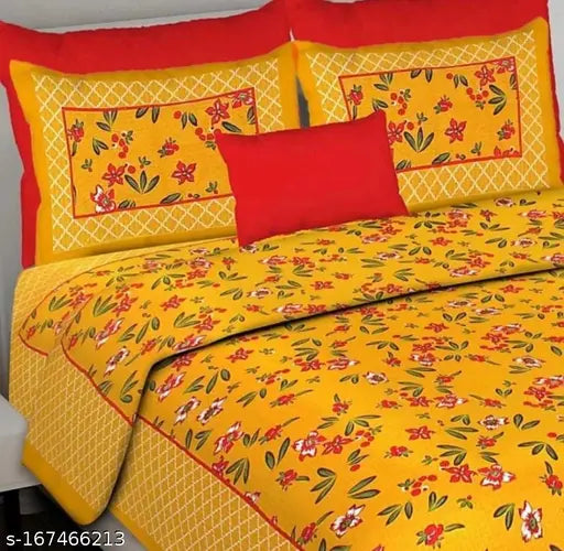 Queen-size cotton floral printed flat sheets with 2 pillow covers, ideal for summer - regular quality from India