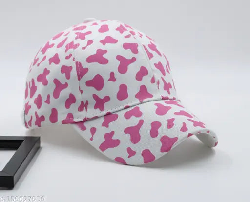 Cotton Cow Print White Pink Baseball Cap, Onesize - Kail cool design from India