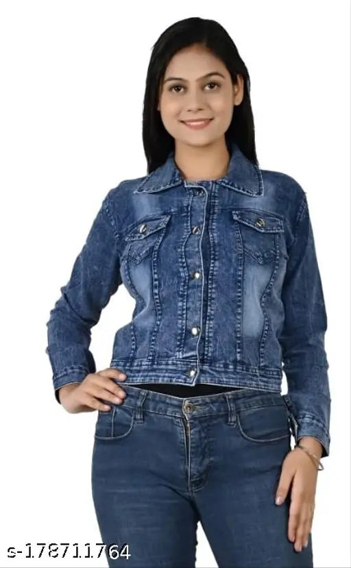 Blue dyed/washed denim full sleeve jacket for girls, size 10-16, VKREATION party wear