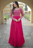 Sequin embroidered Georgette Anarkali gown, long sleeves, full flare design. BlissWeave Indian wedding dress on mannequin