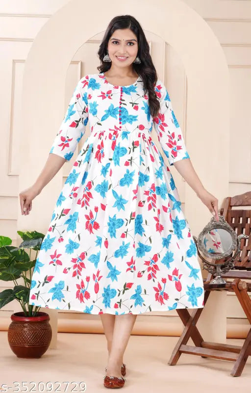 New red printed rayon anarkali kurta, three-quarter sleeves, global fashion