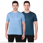 Multicolor cotton blend men's trendy half sleeve t-shirt pack, featuring solid patterns in white, black, lavender, pista, red, airforce, maroon, mehendi, sky blue, mustard. Breathable and moisture-wicking polyester fabric. Sizes: S (36in), M (38in), L (40in), XL (42in), XXL (44in). Made in India
