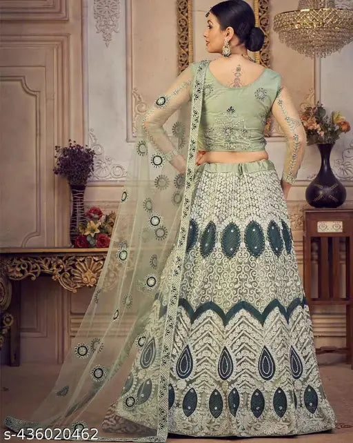 Banarasi embroidered lehenga-choli set, free size up to 2XL with unstitched blouse and dupatta. Embroidered net fabric, traditional Indian wedding wear