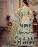 Banarasi embroidered lehenga-choli set, free size up to 2XL with unstitched blouse and dupatta. Embroidered net fabric, traditional Indian wedding wear