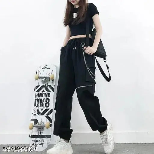 Black cotton cargo pants for women - fashionable solid black pants, perfect fit for sizes 26 (waist 28in, length 37in, hip 30in), 28, 30, 32, 34 (hip 34in/32in), made in India