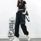 Black cotton cargo pants for women - fashionable solid black pants, perfect fit for sizes 26 (waist 28in, length 37in, hip 30in), 28, 30, 32, 34 (hip 34in/32in), made in India