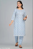 Rayon print kurti set with pants, three-quarter sleeves, Indian traditional clothing on mannequin