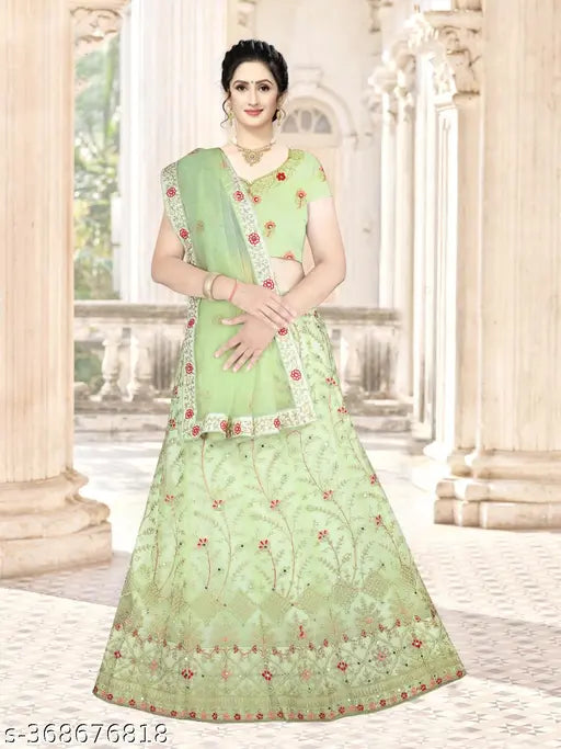 Floral net choli and dupatta set in semi-stitched style, Indian botanical print on bottomwear and solid pattern on dupatta