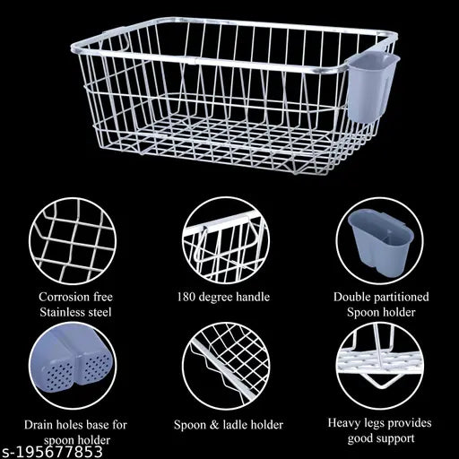 Stainless Steel Limetro STEEL Dish Drainer Basket with Spoon Holder - Efficient kitchen organizer, mirror finish, nickel-chrome coating, plastic-coated handles, 43cm x 53cm x 22cm, made in India