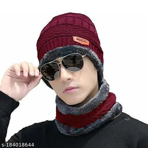 Red woolen beanie cap and cotton gloves for extra cold protection, trendy HIGHEX winter set for men & women