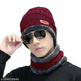 Red woolen beanie cap and cotton gloves for extra cold protection, trendy HIGHEX winter set for men & women