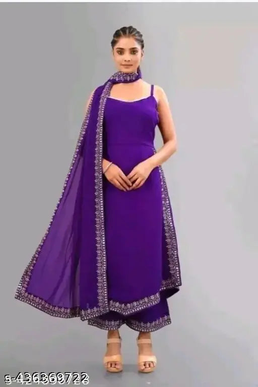 Purple embroidered Georgette A-Line kurta set with trousers & dupatta, handcrafted Indian women's fashion wear in solid embroidery style