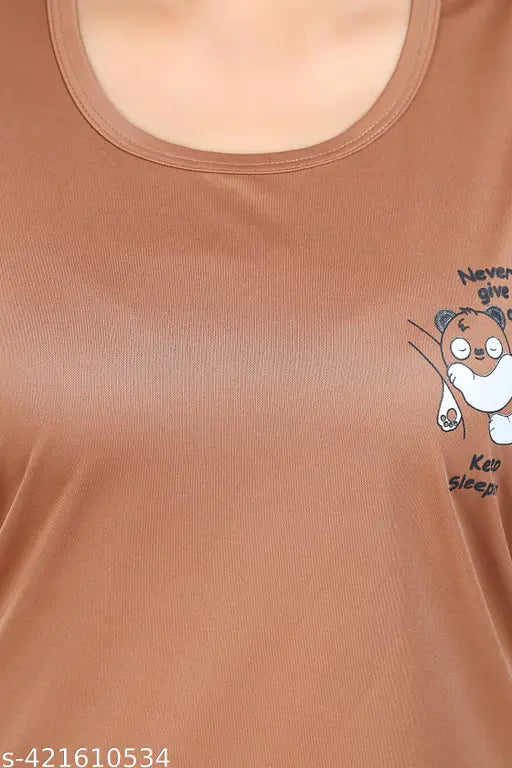 Brown summer special side-pocket plazo top and pyjama coord set, satin fabric, printed design, short sleeves, casual style, trendy fashion, brown color, India origin