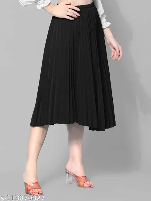 Black crepe pleated midi skirt, travel-friendly fabric with elastic waistband, ideal for average Indian women's height and various body types