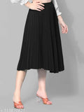 Black crepe pleated midi skirt, travel-friendly fabric with elastic waistband, ideal for average Indian women's height and various body types