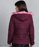 Coral maroon full-sleeve puffer women's jacket in nylon, perfect for cold seasons