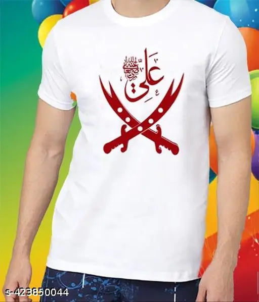 New Printed Polyester White Men's T-shirt with Arabic Ya Ali Logo, short sleeves and round neck, ideal for casual occasions