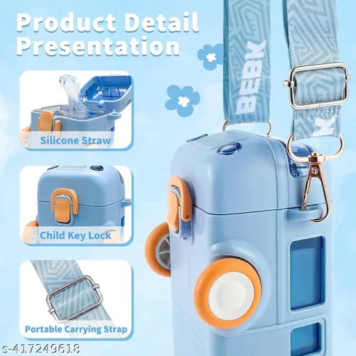 Blue cartoon car-shaped water bottle with movable wheels and straw, perfect for kids' drinks at the gym or backpack, BIS/ISI certified, 500ML capacity, leak-proof, made of environmentally friendly plastic and silicone