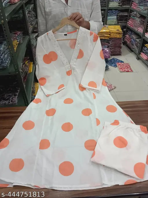 Stylish cotton polka print kurti pant set with three-quarter sleeves, embroidered for women, available in multiple sizes from M to XXXL