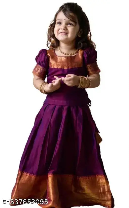 Magenta Tussar Silk, colorblocked maxi gown lehenga choli for girls party wear, traditional south Indian pattu pavadai design, ready-made Indo-western dress for kids weddings and celebrations