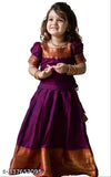 Magenta Tussar Silk, colorblocked maxi gown lehenga choli for girls party wear, traditional south Indian pattu pavadai design, ready-made Indo-western dress for kids weddings and celebrations
