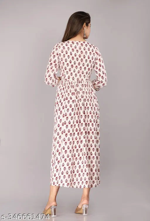 Rayon slub three-quarter sleeve Procini printed Anarkali dress, vibrant Indian fashion in SML sizes