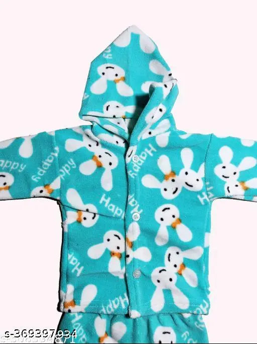 Wool winter dress set for babies in printed net pattern, includes sizes 0-3M, 0-6M, and 3-6M, made in India