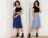 Solid denim A-line skirt set for women, two versatile styles with combo detailing - sizes: 28, 30, 32, 34, 36, 38, 40 (waist: 28in-40in, length: 30in), handcrafted in India
