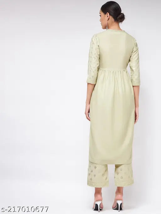 Pista green, polyester Pannkh women's kurta with three-quarter sleeves and foil printed ethnic design, Indian origin